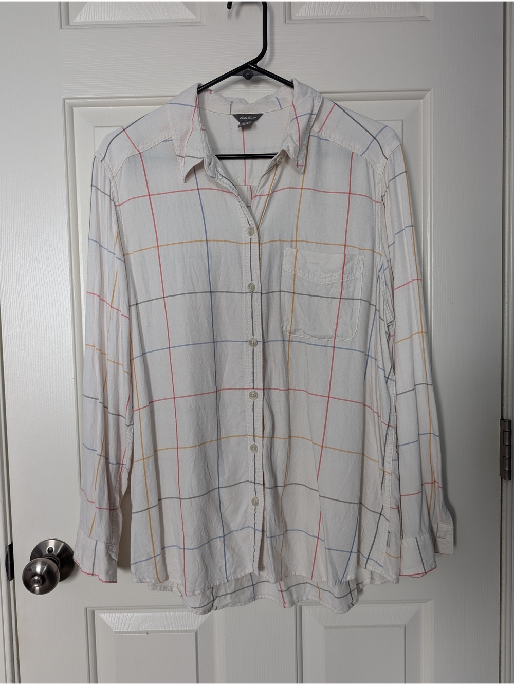 Eddie Bauer White Button-Down Shirt with Multicolor Windowpane Plaid